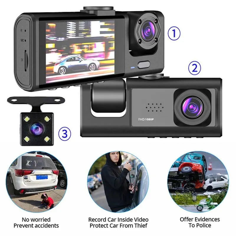 Dash Cam W/ IR Night Vision Loop Recording & 2" IPS Screen 1080P 3 Camera , DVR Recorder, Video Recorder, Vehicle DVR