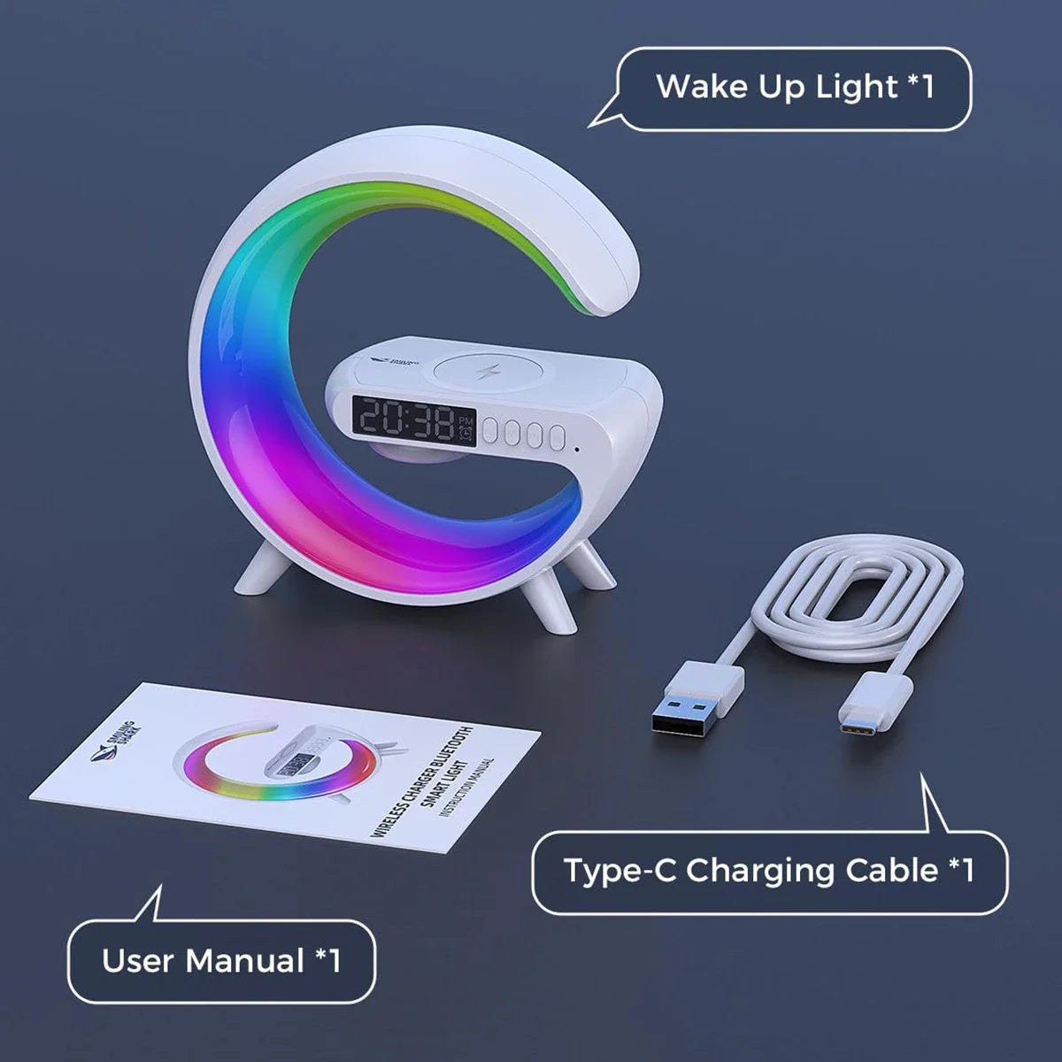 Qi-Certified Wireless Charger Night Light, Bluetooth 5.3 Speaker 13 Colors & Sunrise Alarm Bedside Lamp for Bedroom Office Gifts