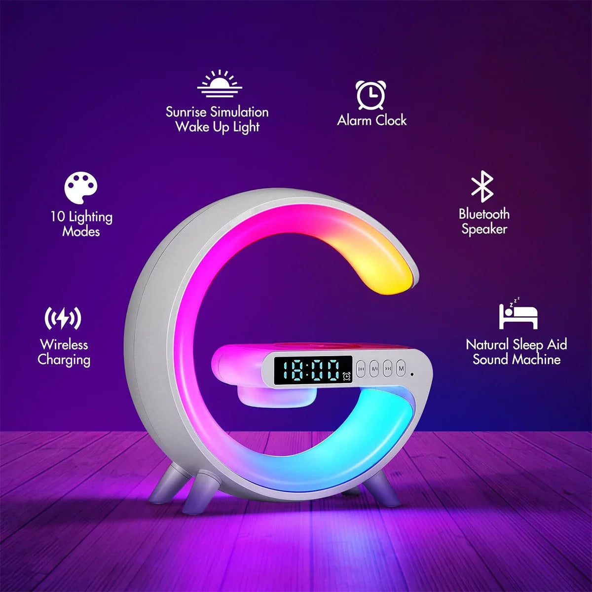 Qi-Certified Wireless Charger Night Light, Bluetooth 5.3 Speaker 13 Colors & Sunrise Alarm Bedside Lamp for Bedroom Office Gifts