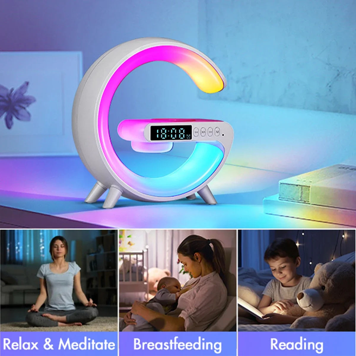 Qi-Certified Wireless Charger Night Light, Bluetooth 5.3 Speaker 13 Colors & Sunrise Alarm Bedside Lamp for Bedroom Office Gifts